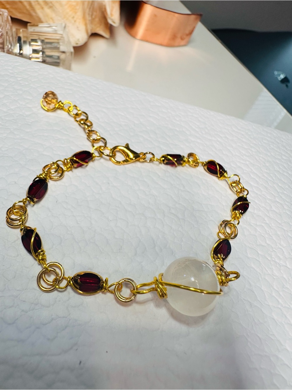 Gold-Tone wire with Garnet Beads and Selenite bracelet